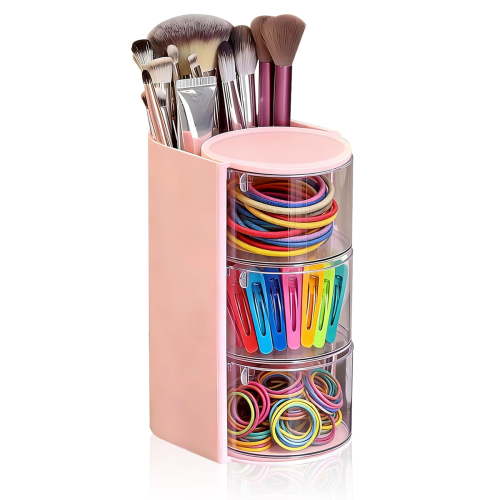 Hair Accessories Organizer with Hair Brush Holder, 3-Layer Rotatable Clear Storage Box for Makeup Brushes, Jewelry, Hair Clips, Earrings, Necklaces, Bracelets(Pink)