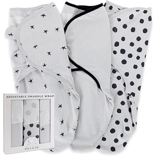 Ely's & Co. Adjustable Swaddle Blanket Infant Baby Wrap Set 3 Pack Grey and Black 0-3 Months