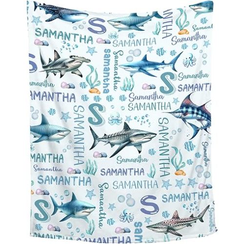 Personalized Custom Baby Blanket for Girls & Boys - Shark Ocean Theme with Name - Swaddle Blanket for Toddlers, Infants & Newborns - Nursery Stroller Crib Decor Throw - Birthday Gift