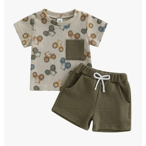 Baby Toddler Boy Summer Outfit Waffle Tractor Print Short Sleeve T-Shirts Solid Elastic Waist Shorts 2 Piece Summer Set | SHEIN USA