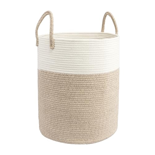 JUNBOLE Woven Cotton Rope Laundry basket-15”X20” Laundry Hamper-Rope Storage Basket for Dirty Clothes, Toys and Blankets Perfect for Bathroom, Baby nursery and Living Room Storage (white and brown)