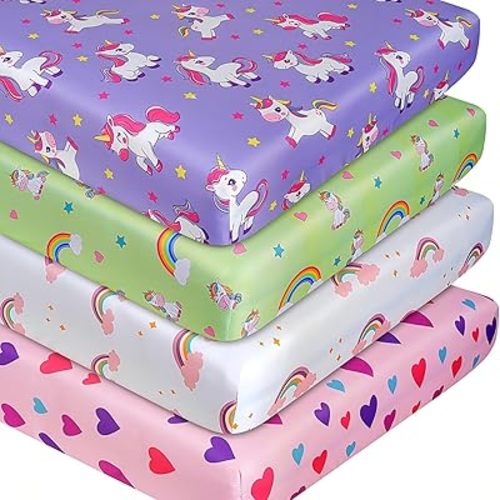 Unicorn Crib Sheet Set, Fitted Crib Sheets Girl, 4 Pack Breathable Soft Microfiber Baby Crib Sheets, 28 X 52 in Crib Mattress Sheets for Standard Crib & Toddler Mattress