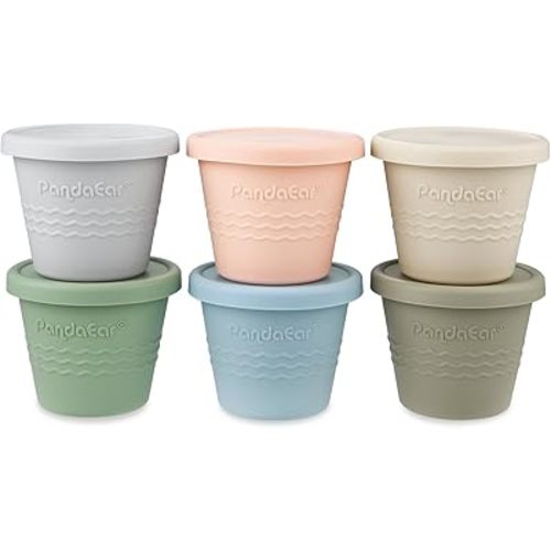 PandaEar 6 Pack Silicone Baby Food Storage Containers (4 oz) -Leakproof & Airtight Reusable Snack Cups with Lids - Freezer, Dishwasher Safe - Versatile Puree Jars for Infants & Toddlers