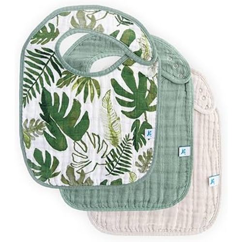 Little Unicorn Premium Classic Bib 3 pack | Adjustable as baby grows | Soft fabric on skin | Great for first time eaters (Tropical Leaf)