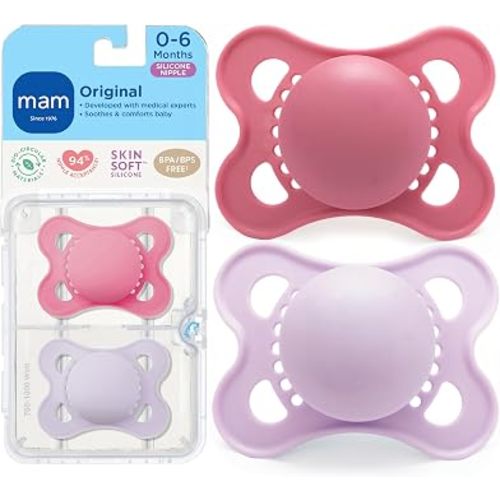 MAM Original Baby Pacifier 0-6 Mths, Skin Soft Silicone Nipple, 2 Pack | For Newborn Babies, BPA-Free Skin Soft Silicone Nipple, Developed With Medical Experts, With Sterilizer Case, Made In Europe