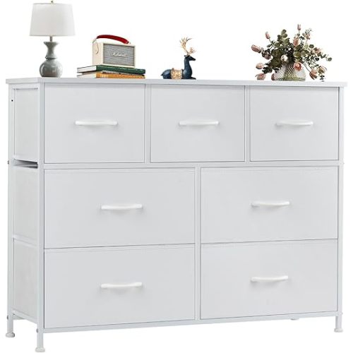 OLIXIS Dresser for Bedroom, 7 Storage Drawers, Wide Fabric Closet Chests Organizer Tower Furniture, TV Stand with Wooden Top Metal Frame for Clothes, Living Room, Hallway, Entryway, Classic White