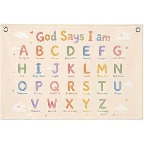 Christian Alphabet Pastel Classroom Wall Art Decor Canvas Banner