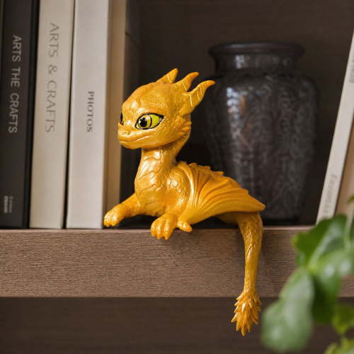 Golden Fantasy Baby Dragon Shoulder‑Sitter Figurine, Cute Mythical Creature Statue, Silicone Dragon Cosplay Prop for Bookshelf, Tabletop & Home Decoration