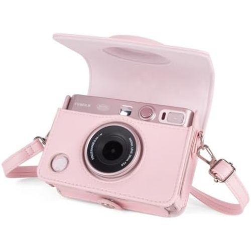 MUZIRI KINOKOO Protective Case for Instax Mini EVO Instant Camera-Lychee Texture Premium PU Leather Fuji Mini EVO Camera Case with Adjustable Shoulder Strap & Precise Open Hole for Charging-Light pink