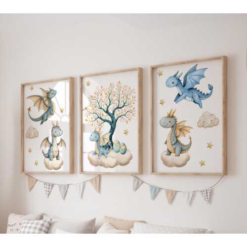 Set of 3 Blue Dragons Prints, Tale Wall Art Set, Clouds Posters, Modern Art, Kids Bedroom Decor, Boy Nursery Decor, Playroom Prints