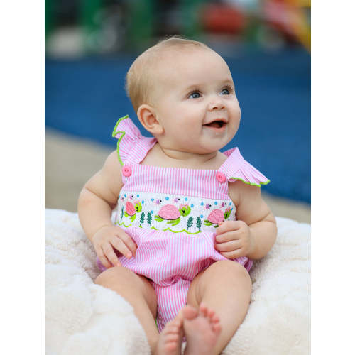 Turtle Girls Romper Pink Stripe Ruffle Strap Smocked – Rylee Faith Designs