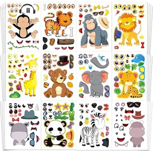 Aowplc 48 Make A Safari Animal Sticker Sheets - Jungle & Zoo Party Favors Supplies - Fun Craft Activities for Kids Ages 3+