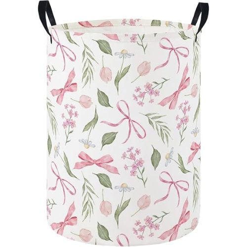 Baby Laundry Hamper Basket Baby Hamper for Nursery Boy and Girl Cute Storage Bin Organizer Boho Room Decor(Flower Bowknot)