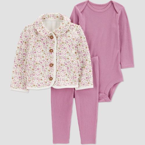 Carter's Just One You® Baby Girls' 3pc Floral Quilted Jacket with Long Sleeve Bodysuit and Leggings Set - Mauve