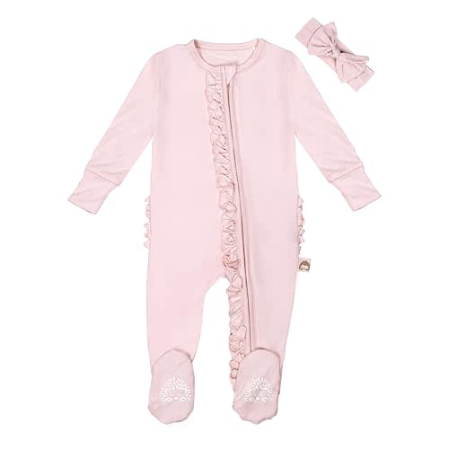 Ruffle Butts Baby Girl 0-3M, Coming Home Outfit Girls, BabyGirl Clothes, Ruffled Baby Sleepers with Headband, Hospital Outfit Girl (Pink Pajama 0-3M)