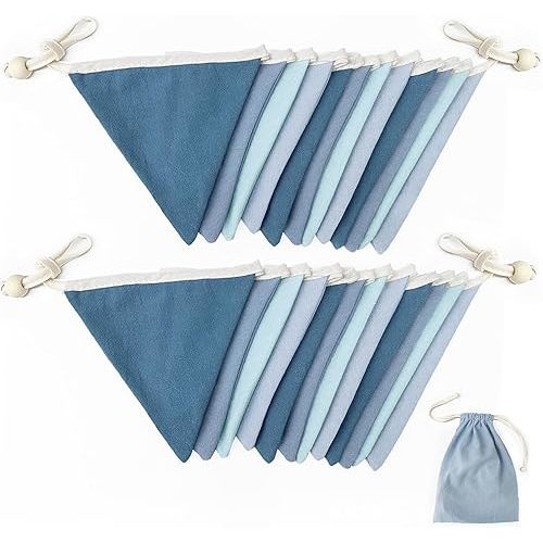 2 Strings Blue Pennant Banner Flags Nursery Garland Royal Linen Fabric Triangle Bunting Streamers for Baby's Room Decor Kids Boys Nautical Birthday Baby Shower Boho Wedding Event Party Decorations