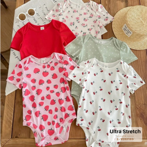 SHEIN LMoss Kids LMoss 5pcs Newborn Baby Girl Summer Cute Knit Floral Polka Dot Cartoon Print Short Sleeve Bodysuit Set | SHEIN USA
