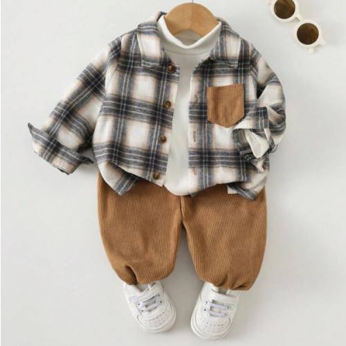 Cozy Pixies 2pcs Baby Boy Colorful Plaid Collar Contrast Pocket Long Sleeve Cardigan & Solid Elastic Waist Ankle Pants Set | SHEIN USA