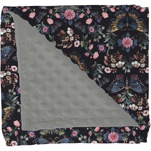 Mystical Moth Floral Baby Blanket for Girl Boy Whimsical Moth Flowers Soft Mink Dotted Backing Double Layer Swaddle Receiving Blanket Fantasy Night Garden Bed Throws for Newborn Toddler Crib 30x40