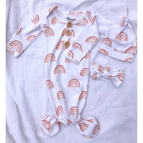 BOHO RAINBOW Organic Cotton  Knotted Gown,0-3 months, Birth Announcement, Going Home Set, Shower Gift, New Baby, Gender Neutral
