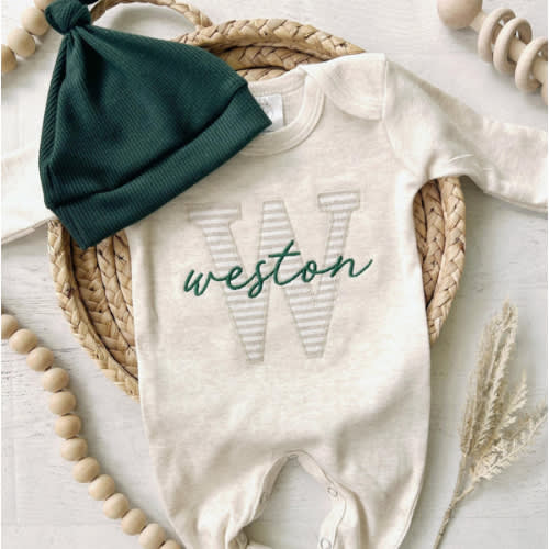 Personalized Baby Boy Newborn Outfit | Oatmeal Romper Big Letter Fores – Wonderfully Made