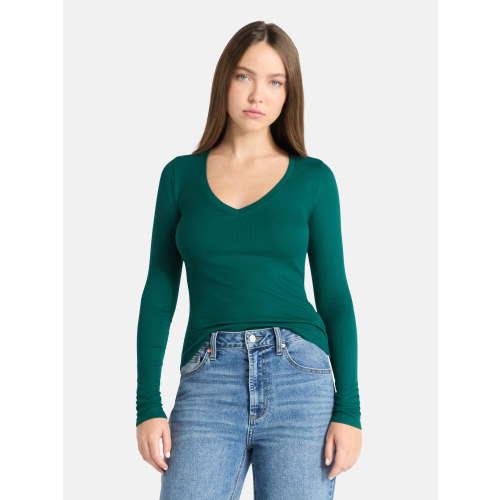 No Boundaries V-Neck Ribbed Top with Long Sleeves, Women’s