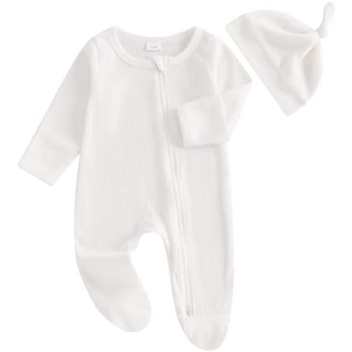Baby Footed Sleeper Set - Waffle Knit Zip-Up Romper with Knot Hat for Newborns, Soft Sleep and Play Outfit