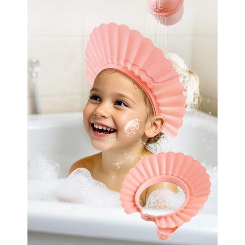 Kids Shower Cap, Baby Hair Washing Shield, Bath Visor for Toddlers, Bathing Head Face Eye Ear Protector, Air Cushioned Shampoo Caps with 20-Size Adjustment for 6Month+ to Adult (Pink)
