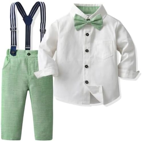 SALNIER Toddler Boy Suit Baby Boys Wedding Dress Outfit Formal Gentleman Clothes Set Dress Shirt Bowtie Suspenders Pants