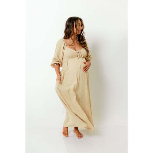 Cecilia 100% Cotton Smocked Maxi Dress in Muted Gold Foliage - Bump Friendly