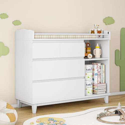 iPormis Baby Dresser with Changing Table Top, 4 Drawers & 2 Open Shelves, Multi-Functional Nursery Changing Station with Storage, Pearl White