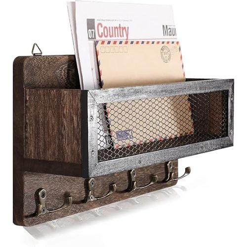 ADIIL Mail and Key Holder for Wall Decorative, Wooden Wall Mount Key Rack Hanger Organizer with 4 Double Key Hooks, Rustic Home Decor for Entryway Hallway, Brown