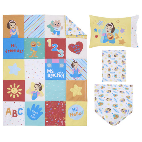 Harriet Bee Ms. Rachel Happy Patchwork 4 Piece Toddler Bed Set - Comforter, Fitted Bottom Sheet, Flat Top Sheet, Reversible Pillowcase, Multi-Colored | Wayfair
