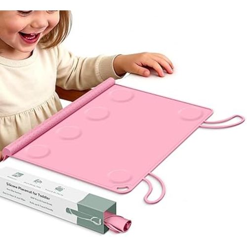 Silicone Placemat for Babygirls Eating-Out: Wipe Clean & Roll up for Outdoor - Pink Table Mat for Restaurant/Travel/On-The-Go