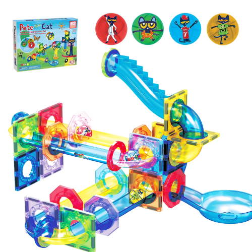 PicassoTiles Marble Run Magnetic Tiles for Kids – Pete the Cat Theme 62PCS Construction Magnet Tiles Race Track STEM Building Blocks Toy