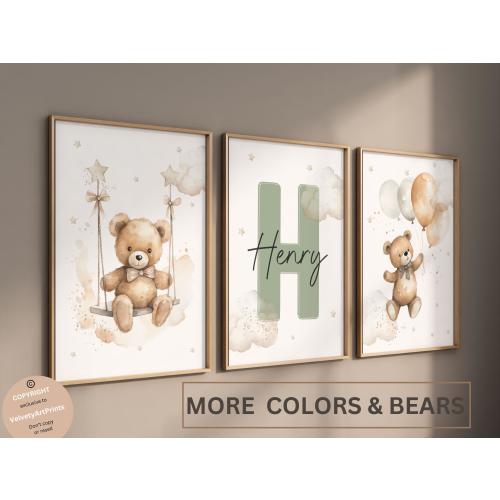 Set of 3 Custom Teddy Bear nursery wall art print| Personalized name Teddy bear Nursery Decor| Nursery Child Kids Decor| Cloud, Moon, Ballon