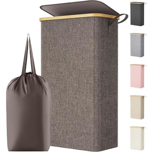 Lifewit 75L Slim Laundry Hamper with Lid, Narrow Laundry Basket with Removable Bag & Bamboo Handles, Fodable Thin Dirty Clothes Hamper for Laundry Collapsible Bin for Bathroom Bedroom Dorm, Brown