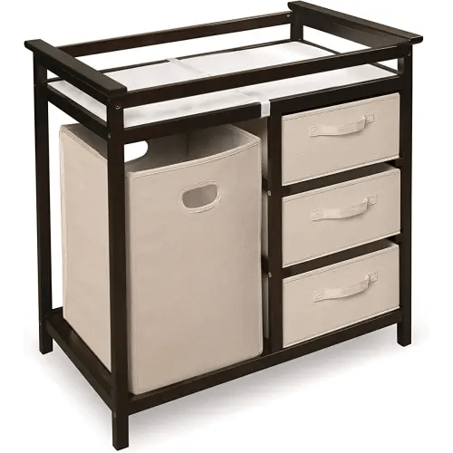 Badger Basket Modern Baby Changing Table for Nursery - Diaper Changing Station with Laundry Hamper, 3 Storage Drawers, Changing Pad, and Safety Belt - Espresso and Ecru