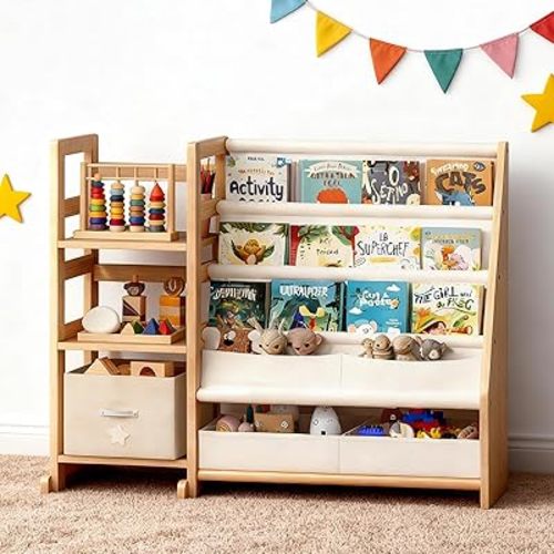 Kid Bookshelf and Toy Storage Organizer - White 3 Tier Wooden Kids Book Shelf for Kids Rooms, Toddler Bookshelf Baby Bookcase for Nursery Class Room, Play Room- Cream White
