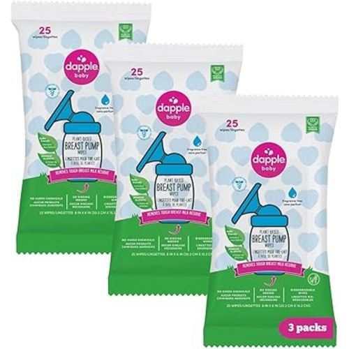 Dapple Baby Breast Pump Wipes - 75 Count (Pack of 3), Fragrance Free, Plant Based & Hypoallergenic - Removes Milk Residue, Leaves No Taste - Convenient Wipes Pouch