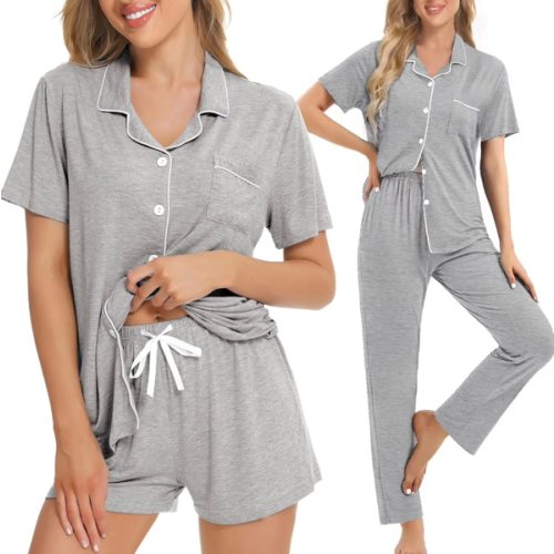 SWOMOG Womens 3pcs Button Down Pajamas Set Short Sleeve Sleepwear Bride Pj Lounge Set with Long Pants