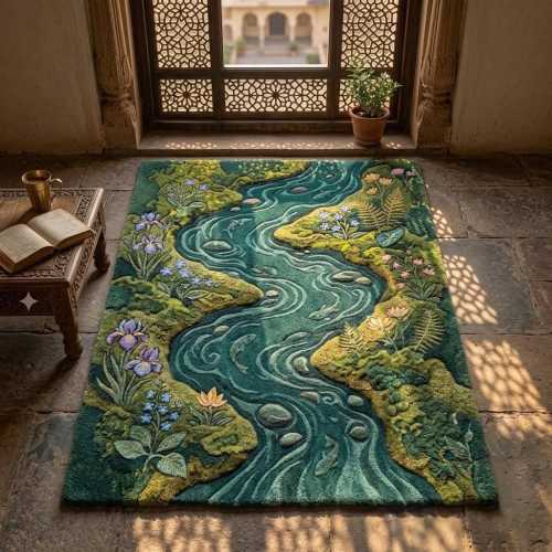 Forest River Rug, Botanical Nature Area Rug, Moss Green Floral Carpet, Woodland Stream Rug, Cottagecore Floor Decor