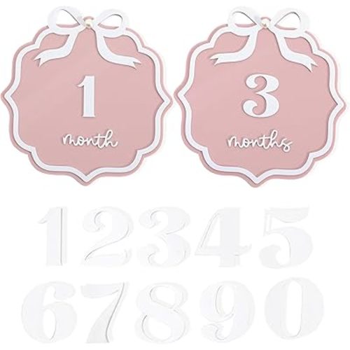 Pink Acrylic 1 to 12 Months Milestone Cards - Little Princess First Year Photo Props,Double Sided Monthly Growth Record Sign,Newborn 1st Birthday Milestone Board,Bow Nursery Decorations