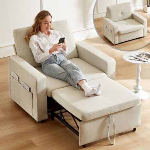 Dyonery 3-in-1 Beige Sleeper Sofa Chair Bed, 42.5" W Convertible Chair with Pull-Out Twin Bed, 5-Position Adjustable Backrest, Side Pockets
