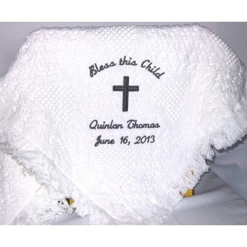 White woven hearts baby baptism blanket with Bless this child, cross and baby's name and date