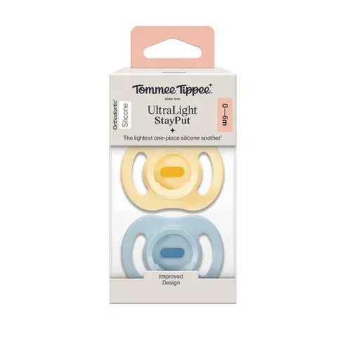 Tommee Tippee Ultra-Light Stayput Silicone Soother 0-6M 2Pack | Blue & Yellow