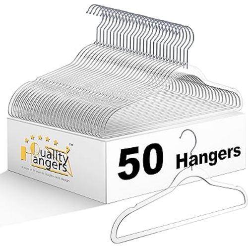 Quality Hangers Clear Plastic Hangers for Clothes | 50 Pack - 17.5 Inch | Heavy Duty Hangers Space Saving Crystal Acrylic | 360 Degree Swivel Hook and Notches (Clear, 50)