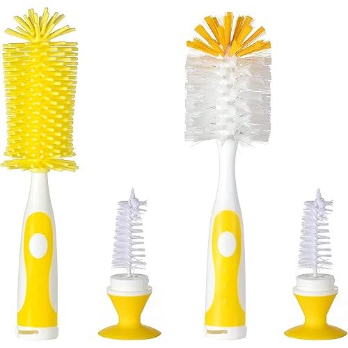 Multifunctional Cleaning Brush, Baby Bottle Brush, Bottle Brush Cleaner (Rotate The Suction Cup to Obtain The Small Bristle Brushes) Set Z, Yellow, Silicone and Nylon Brush