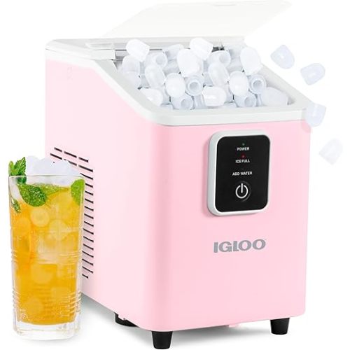 Igloo Self-Cleaning Countertop Ice Maker - Compact and Portable - Creates 26 lbs. Per Day, 8 Pieces Ready Every 7-8 Minutes - Includes Ice Scoop and Basket - Pink