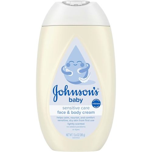 Johnson's Sensitive Care Baby Face & Body Cream with Vitamin B5, Daily Moisturizing Baby Cream to Calm, Nourish & Comfort Dry, Sensitive Skin, Lightly Scented, Hypoallergenic, 13.6 oz